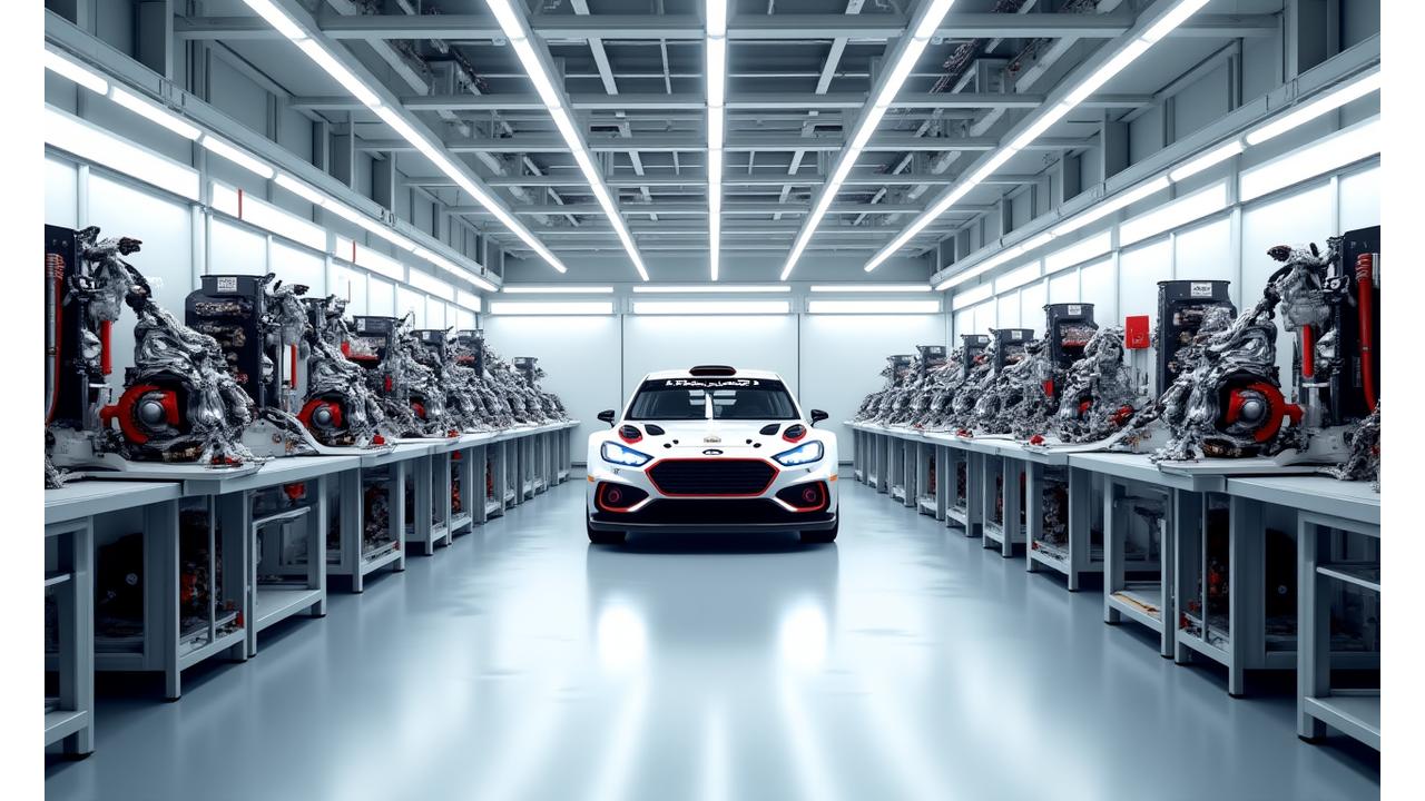 A pristine and well-lit clean assembly area with rally car components being carefully put together.